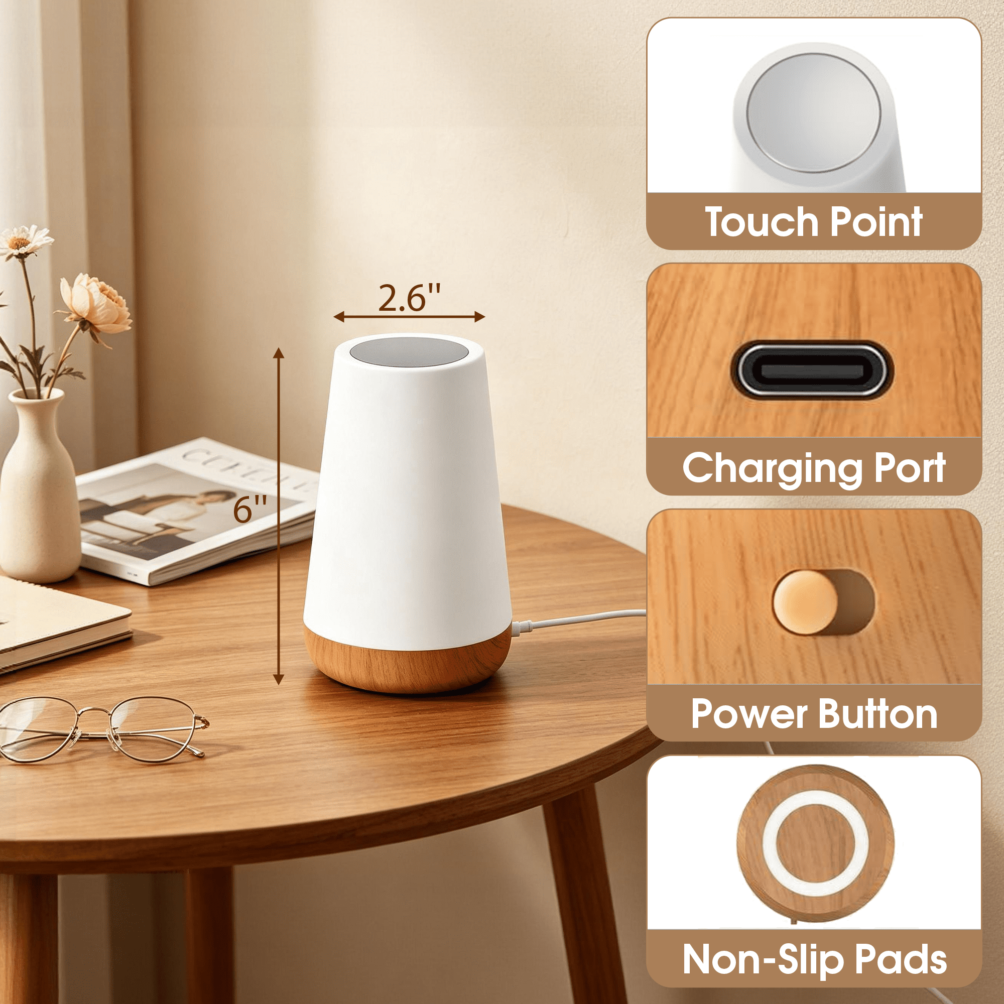 GARITIN Touch Bedside Table Lamp, RGB Color Changing Cordless Rechargeable Dimmable Small Nightstand Lamp with Remote, Portable USB Mini Table Lamp, Kids Night Light for Bedroom Nursery