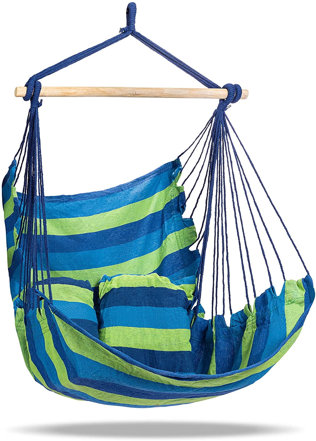 Polycotton Indoor or Outdoor Hammock,Wooden Support Bar & Secure Hanging Rope 