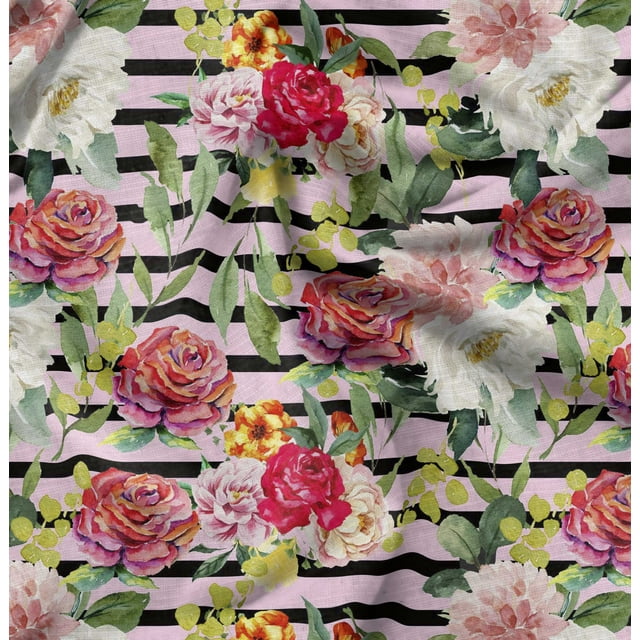 Soimoi Tissu Satin Modal Rose Rayé & Roses Grandiflora Imprimé Floral 1 Yard 42 Pouces de Large