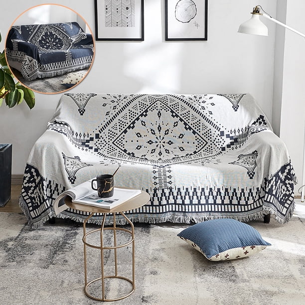 BUTORY Manta para Sofá Cama, Manta Geométrica para Sofá de Doble Cara en Blanco y Negro, Manta Multifuncional, Manta para Sofá Tejida de Algodón de Doble Cara, Funda para Sofá con Decoración para Sala de Estar