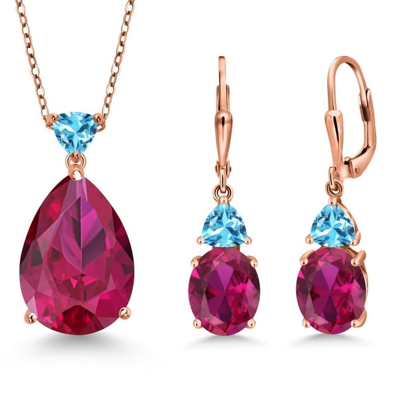 Gem Stone King 18K Rose Gold Plated Silver Red Created Ruby and Swiss Blue Topaz Pendant Earrings Jewelry Set for Women (20.74 Cttw, Pear Shape 18X13MM, with 18 inch Chain)