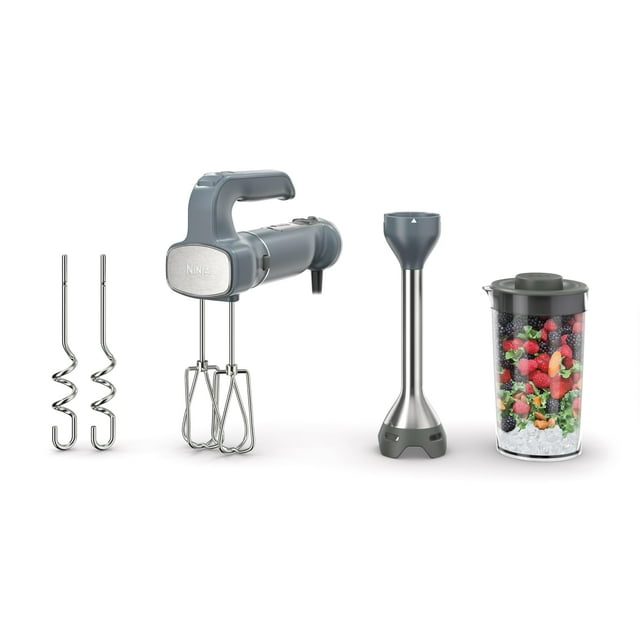Ninja CI105BRN Foodi Power Mixer System, batidora de inmersión de 750 vatios de pico y batidora de mano, batidores EasyGlide, ganchos de masa, recipiente de mezcla de 3 tazas, gris sal marina