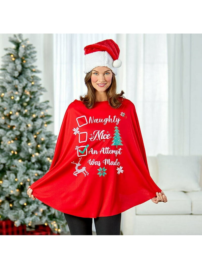 Women's Christmas Poncho Funny Holiday Sweater Shirt Red