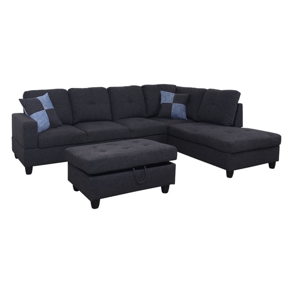 PonLiving Right Chaise Sectional Sofa with Storage Ottoman, Midnight Gray, Linen