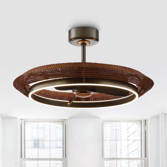 Parrot Uncle 33" Boho Rattan Bladeless Dimmable LED Ceiling Fan with Remote Control, 6-Speed Reversible DC Motor, for Bedroom