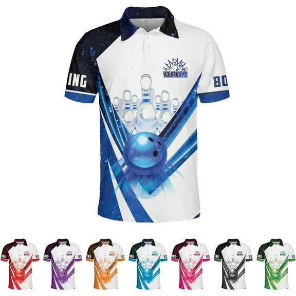 Personalized Bowling Polo Shirts 3D Custom Bowling Polo Shirt Bowling Shirts for Team Gift for Bowling Lover (Blue, S)