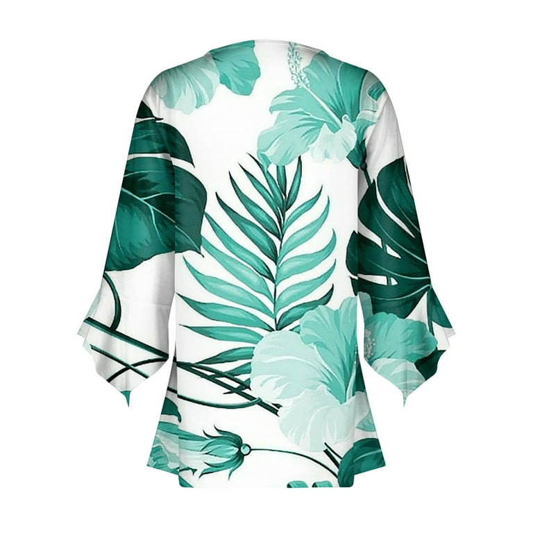 Women's V Neck Hawaiian Shirt - Vintage Floral Tropical Printed Long Sleeve Tunic Top