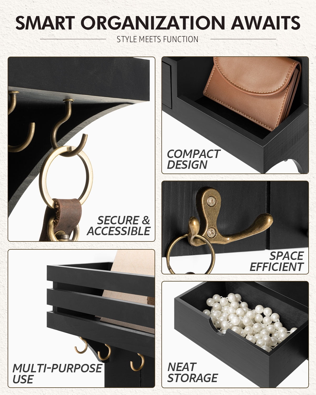 Rebee Vision Modern Key Holder Wall Mount for Home Decor - Stylish Mail Organizer with 9 Key Hooks and Mini Drawer Organizer (Black, 12inch)