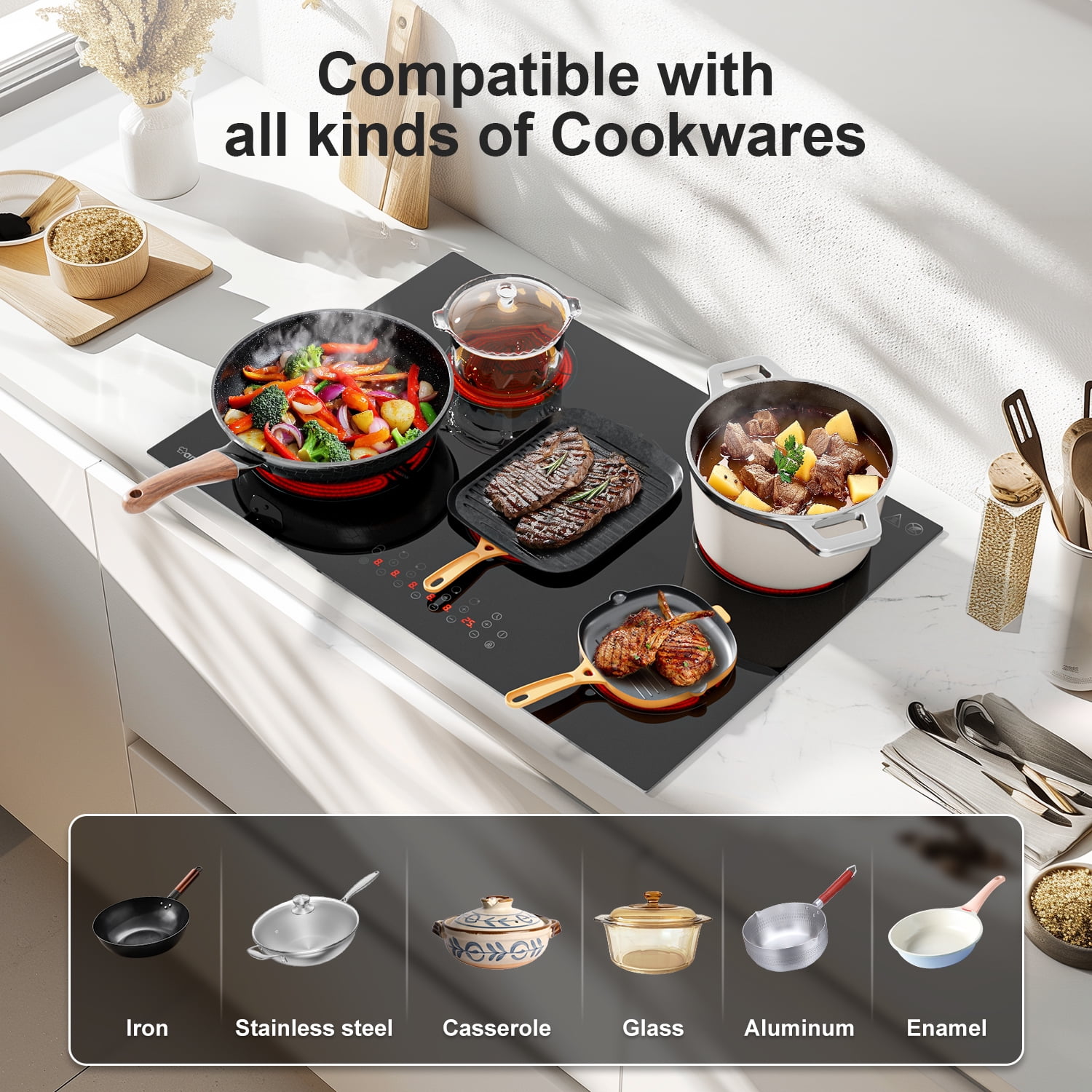 Powerful 8500W 5 Burner Cooktop, Sunmaki 30" Built-in Electric Stove with Touch Sensor Control