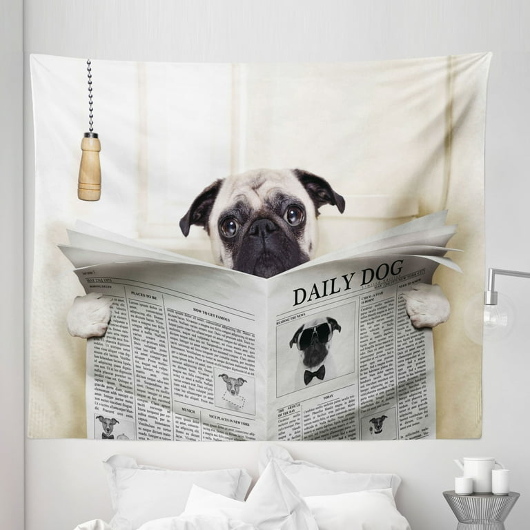 Pug Tapestry Puppy Reading the Newspaper on the Toilet Bathroom Funny Image Pug Joke Print Fabric Wall Hanging Decor for Bedroom Living Room Dorm 5