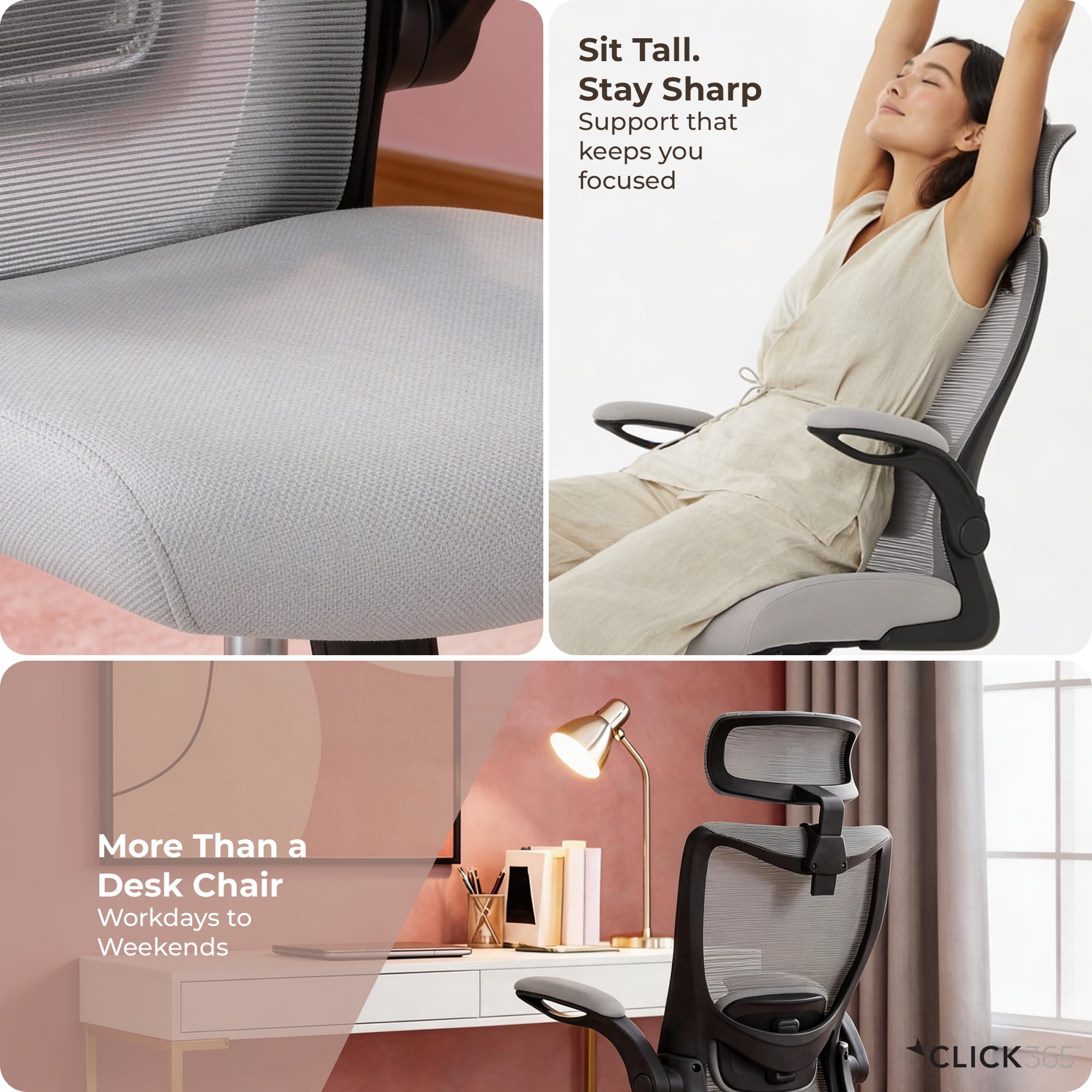 Click365 Adult Mesh High Back Indoor Commercial Ergonomic and Adjustable Headrest Office Chairs Hardware Kit, Gray