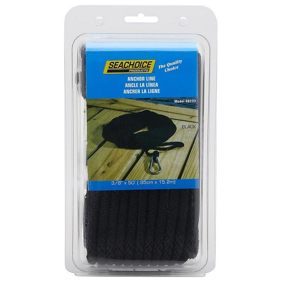 Seachoice 40233 Hollow Braid Polypropylene Anchor Line, Black, 3/8" x 50'