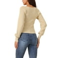 thumbnail image 3 of INSPIRE CHIC Women's Bishop Long Sleeve Square Neck Stretch Ribbed Knit Slim Fit Solid Crop Sweater Top L Beige, 3 of 5