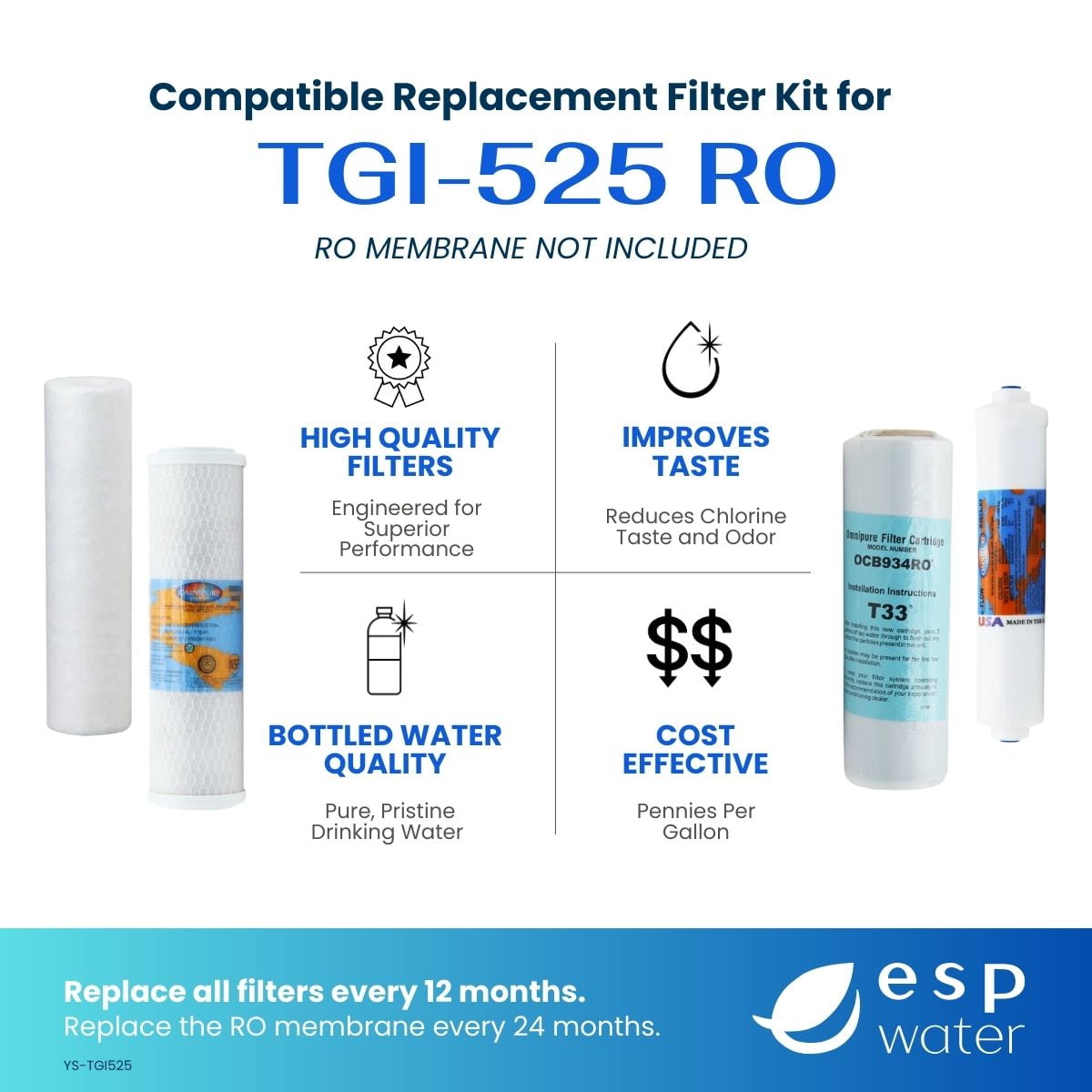 TGI-525 & TGI-525P Compatible RO Filter Replacement Kit - Membrane Sold Separately