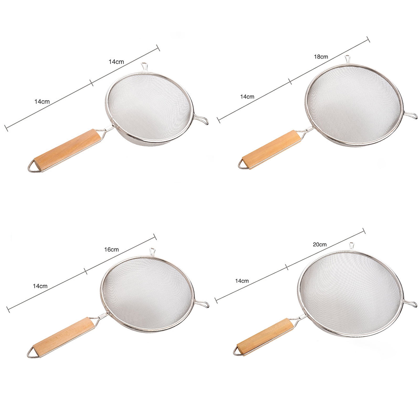 Mirdinner 4Pcs Fine Mesh Strainer with Non Slip Wooden Handles, Stainless Steel Sifter Metal Strainer Set for Kitchen, Perfect for Strain Pasta Rice Food Flour Baking