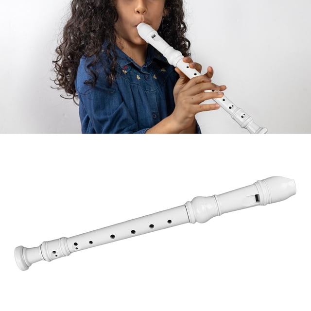 8 Hole ABS Recorder Instrument for Kids Beginners, shown in a white finish. The recorder features a compact, lightweight 3-piece design with 8 holes for versatile play as a flute or clarinet. Includes a fingering chart, cleaning kit, and instructions. Ideal for children, with a smaller size for easy handling and learning.