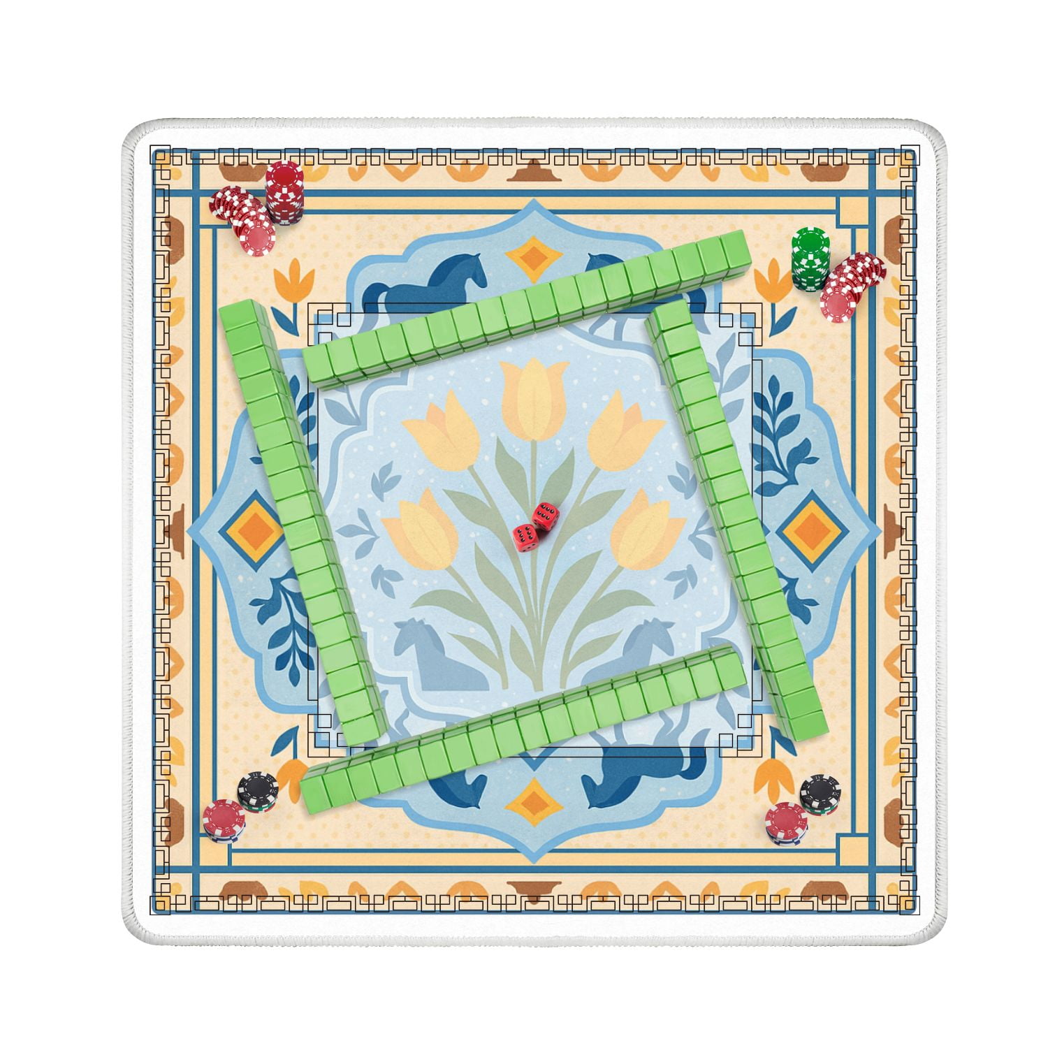 Mahjong Mat 31.5" x 31.5" Blue Yellow Floral Tile Horses Tulips Anti-Slip and Noise Reduction Symmetry Design Mahjong Tiles Table Cover for Dominoes Poker Card Board and Tile Games