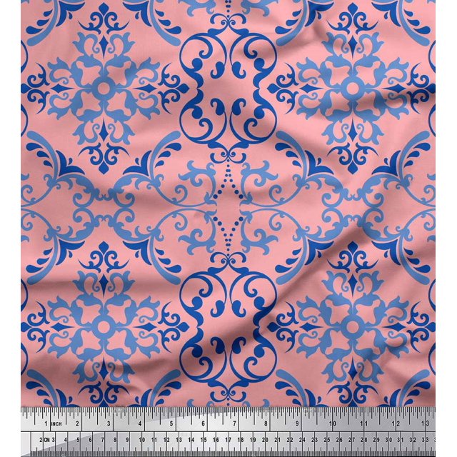 Soimoi Pink Poly Georgette Fabric Vector Design Damask Printed Craft Fabric by the Yard 52 Inch Wide