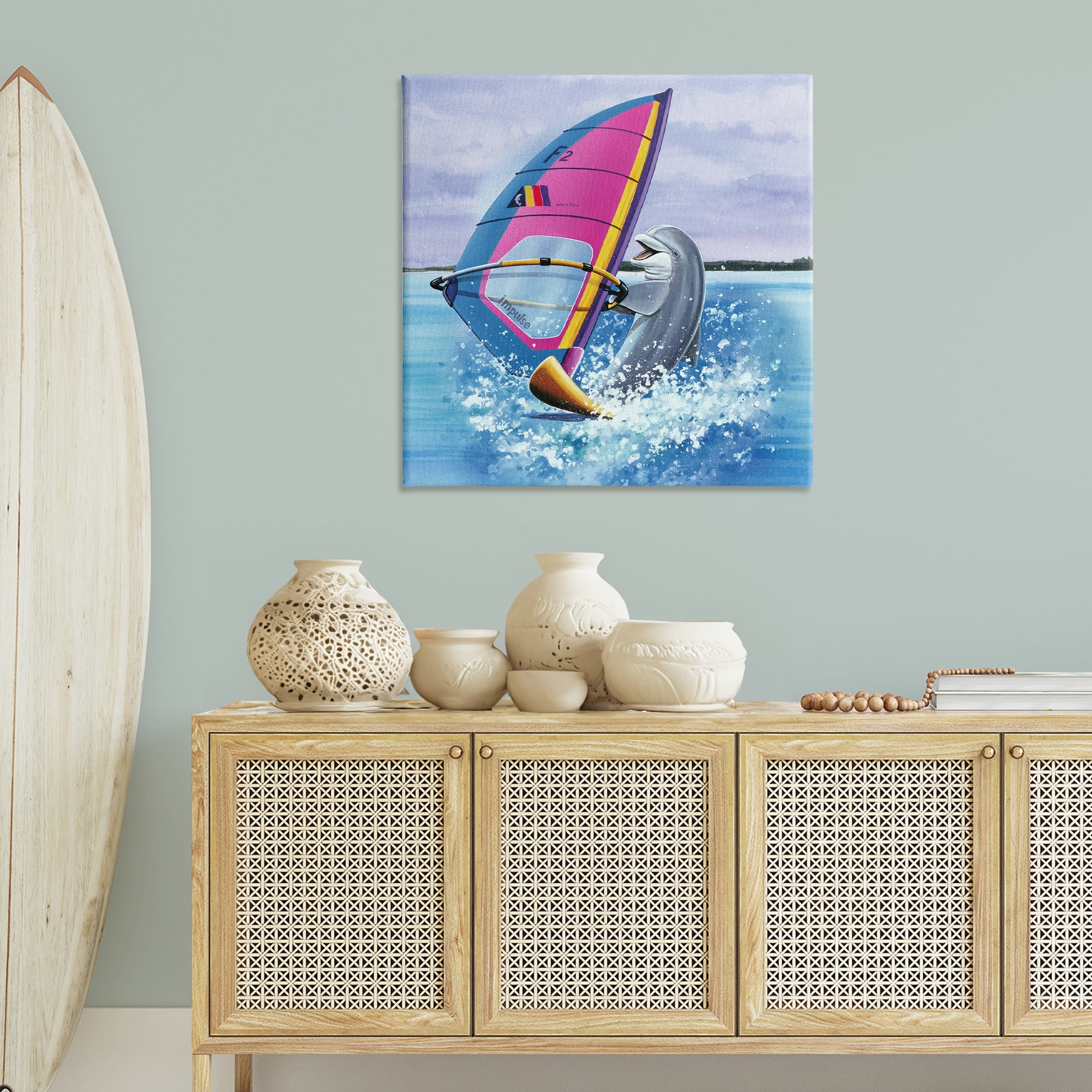 Stupell Industries Wind Surfer Dolphin Animals Painting Wrapped Canvas Art Print Wall Art, 36 x 36