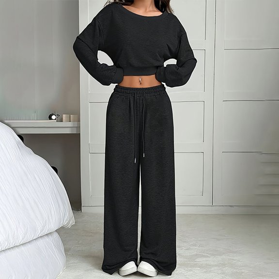Holzkary Crop Sweatsuit Women's 2 Piece Matching Lounge Set Fall Fashion Long Sleeve Off Shoulder Pullover Top Wide Leg Pants Y2K Tracksuit Athleisure Workout Set Travel Airport Outfits Black L