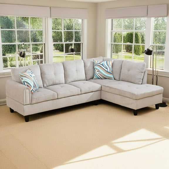 Hommoo Corduroy Living Room Furniture Sets, 4-Seat Couches and Sofa Set, L Shaped Couch Set Sectional Sofa Set for Home, Apartment, Dorm, Grey White(No Ottoman)