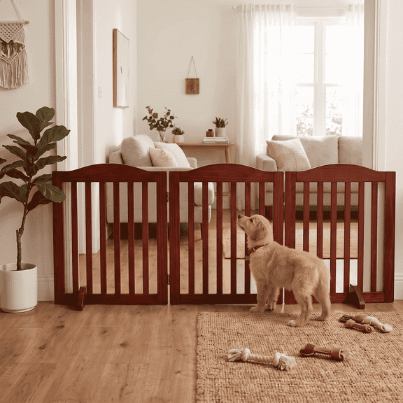 JXXRZ Wooden Foldable Pet Gate for Dogs, 24 inch Freestanding Step Over Fence, Brown