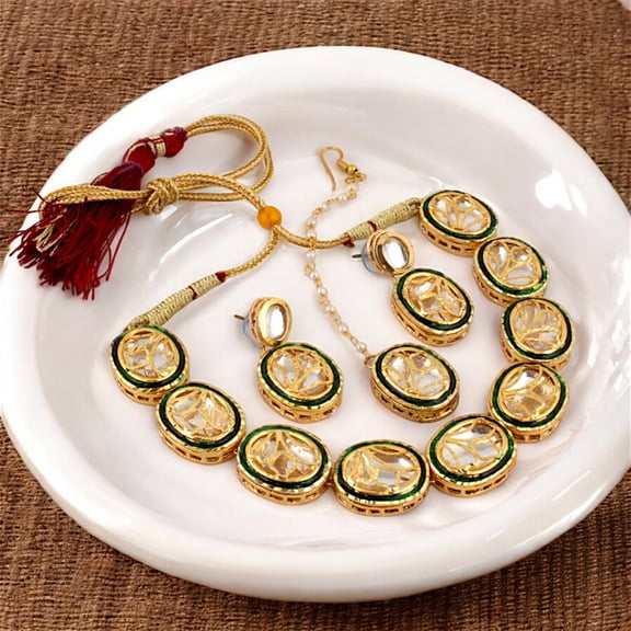 Lucky Jewellery Back Meenakari Stone Bollywood Style Handcrafted Indian Jewelry 18k Gold Plated Green Color Tika Earring Combo Set | Uncut Big Kundan Stone Choker Necklace Set
