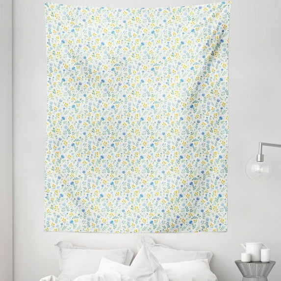 Tulip Tapestry, Fresh Spring Meadow Pattern with Wildflowers and Tulips Rural Nature, Fabric Wall Hanging Decor for Bedroom Living Room Dorm, 5 Sizes, Pale Green Pale Blue, by Ambesonne