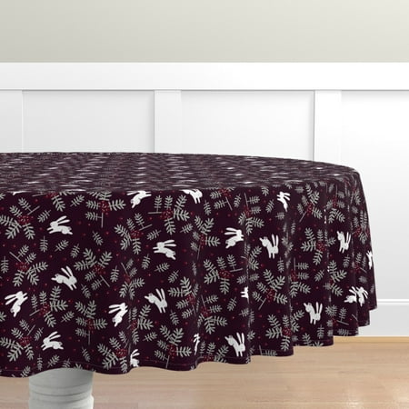 

Cotton Sateen Tablecloth 70 Round - Bunnies Berries Bunny Rabbit Hare Christmas Holiday Winter Burgundy Red Woodland Rabbits Arctic Print Custom Table Linens by Spoonflower