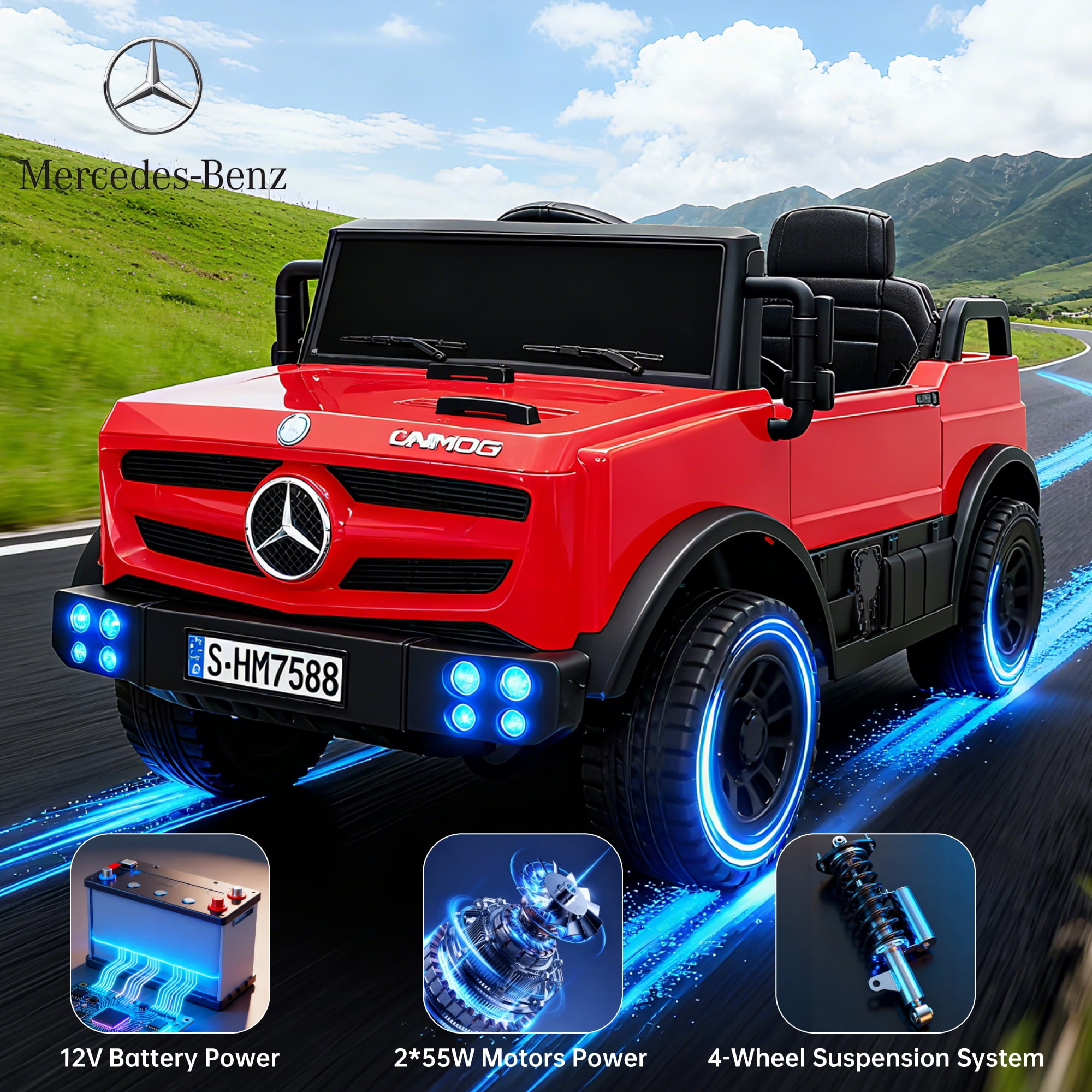 BKIRNP 12V Ride on Toys Electric Car,Licensed Mercedes-Benz Unimog w/Parent Remote Control,Age for 1-4 Boys,Girls,Kids,Red
