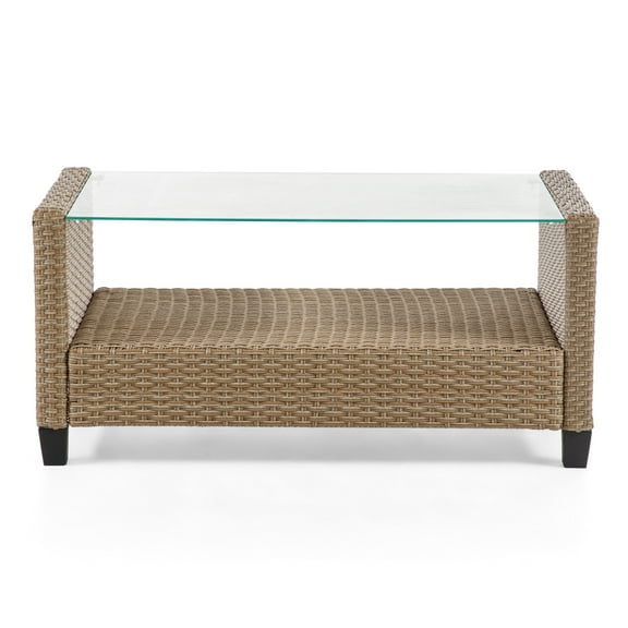Alaya Outdoor Patio 1-Shelf PE Wicker and Steel Coffee Table, Natural Tone