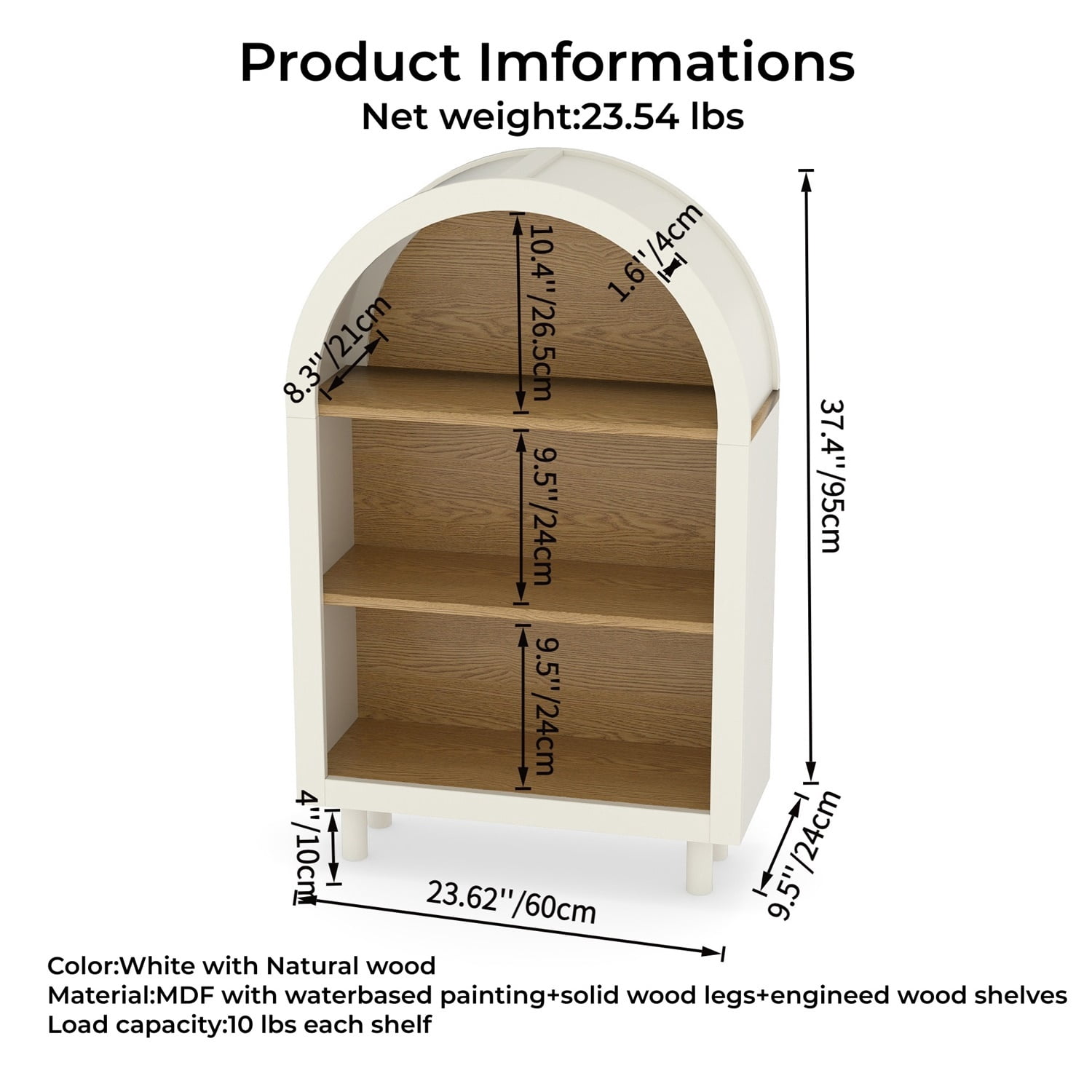 Hommoo 3-Tier Shelves Arched Bookcase Storage Cabinet,Wooden Modern 37.4"H Arched Top Bookshelf for Living Room, Bedroom, Entryway, White Oak