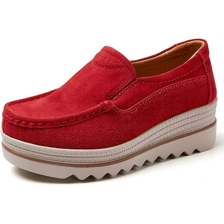 Platform Loafers for Women Slip on Wedge Penny Loafer Comfort Casual Dressy Walking Driving Shoes Wide Width Round Toe Suede Moccasins