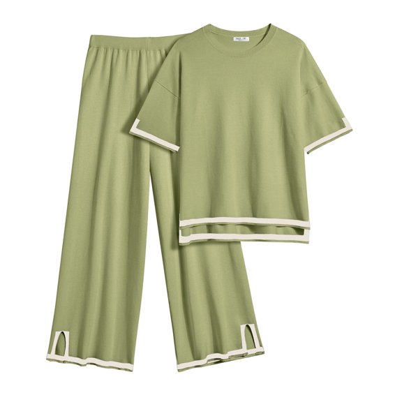 EKOUAER Lounge Set for Women Travel Outfits 2 Piece Sets Short Sleeve Sweater Top Wide Leg Long Pants Loungewear