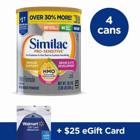 [$25 Savings] Similac Pro-Sensitive Baby Formula for Immune Support, With 2'-FL HMO, Powder, 1.86-lb Can (4 Count) with Free $25 eGift Card