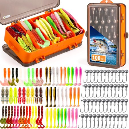 Fishing Lures 108PCS Tackle Box with Tackle Included Paddle Tail Swimbaits Soft Worm Lures Crappie Jigs Heads Fishing Gear Bait Lure Kit Gifts for Men Trout Bass Freshwater