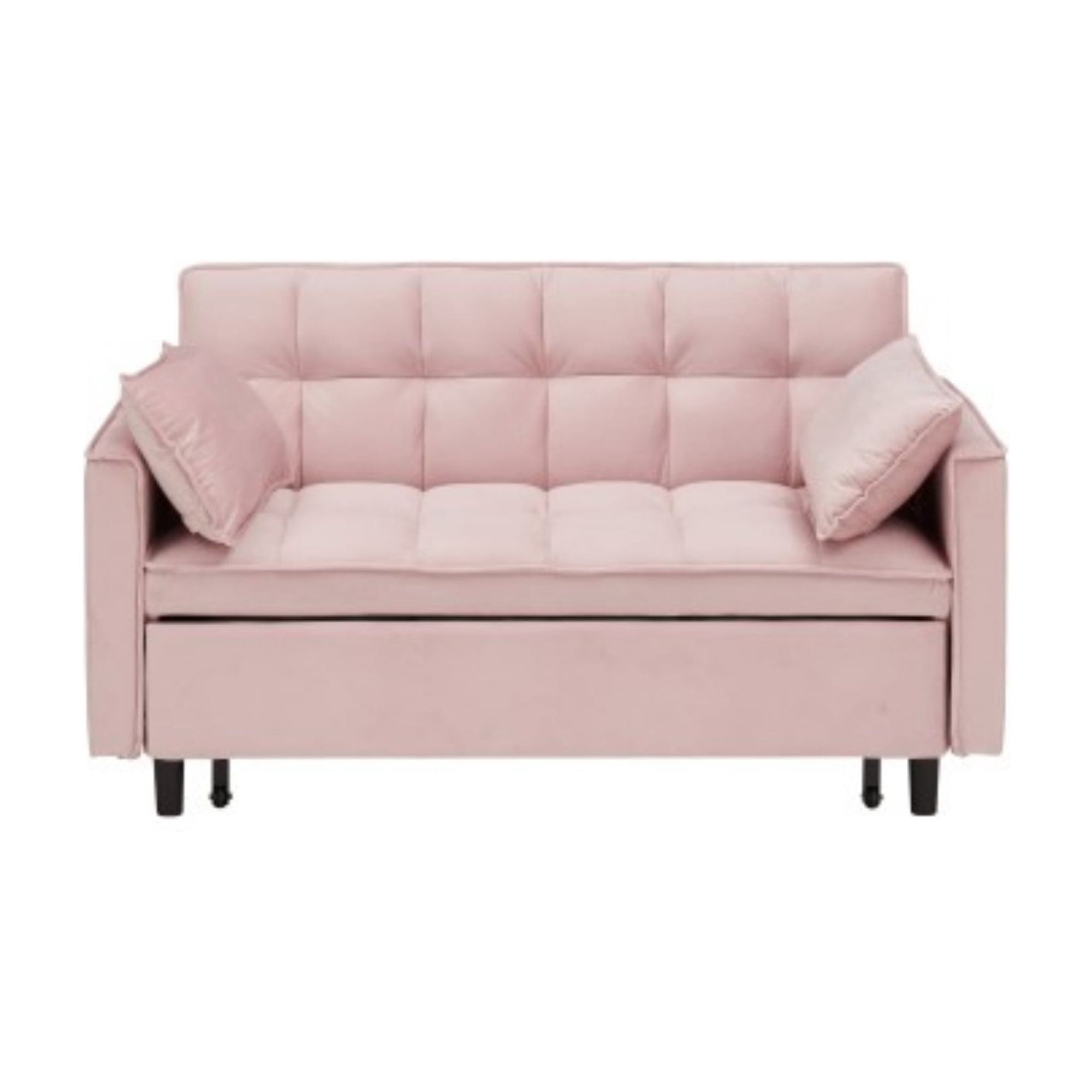 Velvet Loveseat Sofa Bed, 3-in-1 Convertible Sleeper Couch with Pullout Bed & Reclining Backrest, Pink