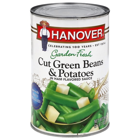 Hanover Foods Blue Lake Cut Green Beans and Potatoes in Ham Flavored Sauce, 39 oz Can – Family Size, Ready to Heat