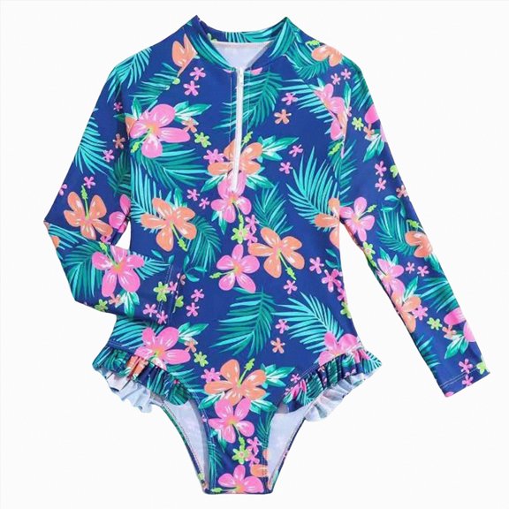 UngA Girls UPF50 Long Sleeve Swimsuit Kids Rash Guard One Piece Bathing Suit for Girls Cute Swimwear Zipper (Blue,7-8 Years)