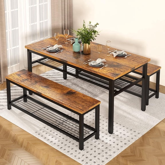 LinkRomat 3-Piece Dining Table Set for 4, Kitchen Table with 2 Benches & Storage, Space Saving Industrial Design, Rustic Brown