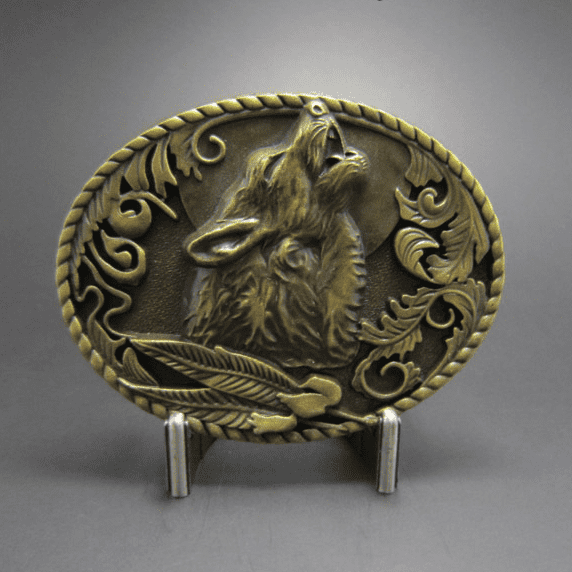 Western Men Leather Belt Buckle Wolf Wolverine Oval Shape Pattern