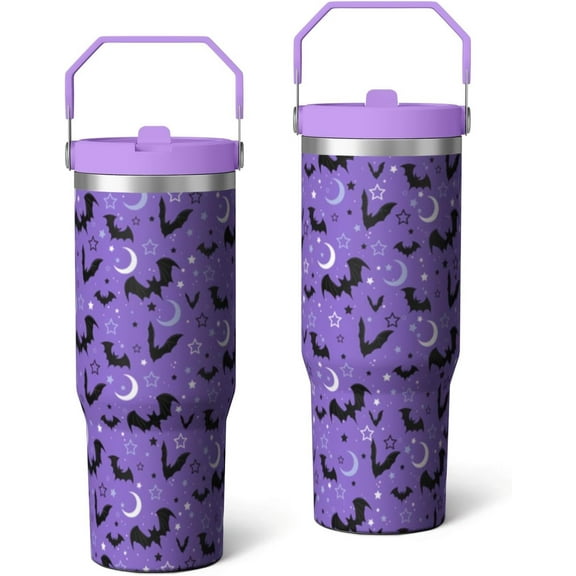 30oz Insulated Stainless Steel Tumbler Cup with Handle - Bat Design, Leakproof Lid, Keeps Drinks Cold/Hot