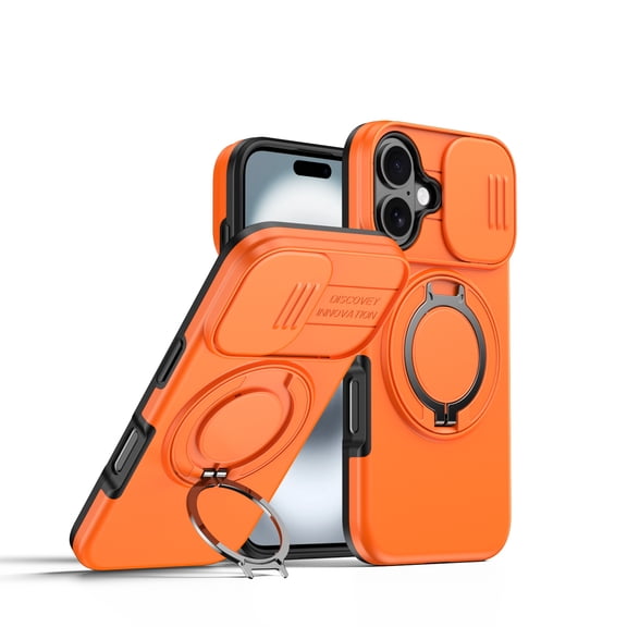 Sanwo for iPhone 17 Magnetic Case,360° Rotatable Ring Stand with Slide Camera Cover, Heavy Duty Dual Layer PC TPU Protective Case,Orange