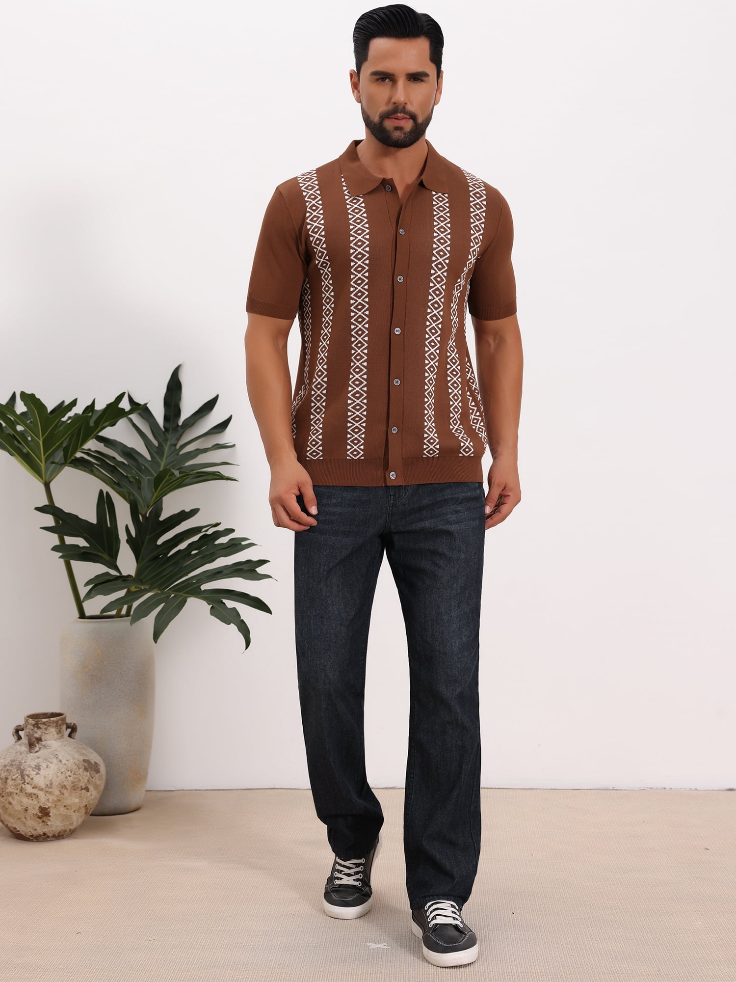 DARING DIVA Men's Jacquard Short Sleeve Button Down Knitted Golf Polo Shirts 2XL Brown