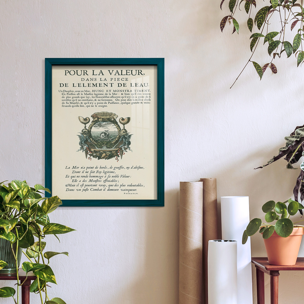 Printed Embellished Bookplate VII - Framed Print w/glass - Ocean Blue