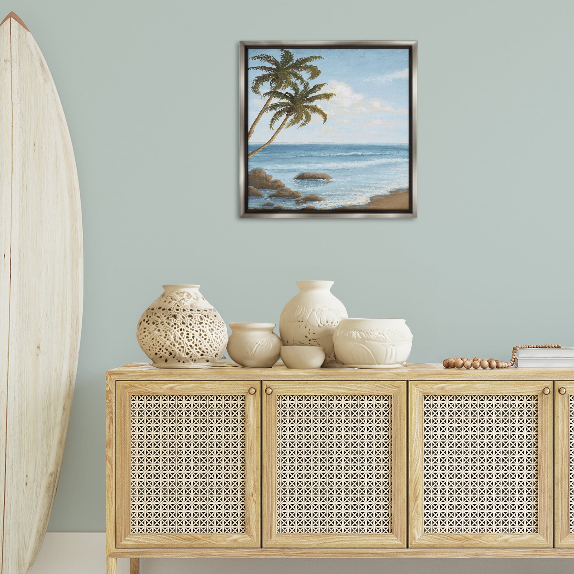 Stupell Industries Palm Trees Looming Beach Coastal Painting Gray Floater Framed Canvas Art Print Wall Art, 25 x 25