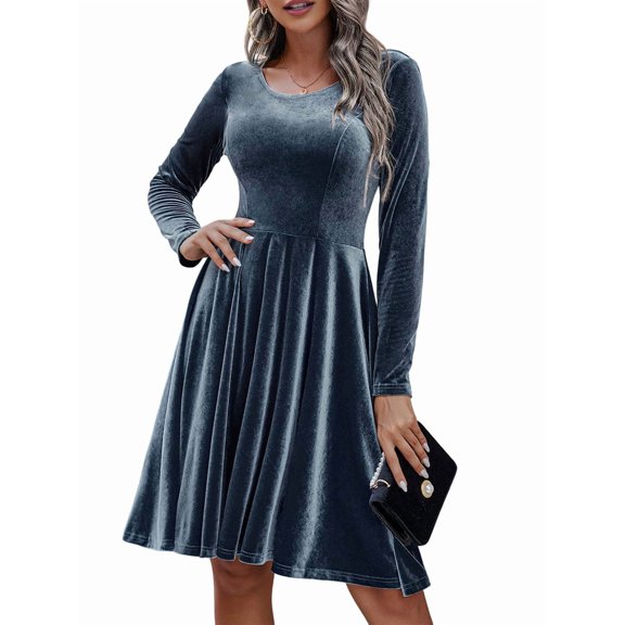 Women'S Velvet Dress Long Sleeve Cocktail Dresses Flare Swing Mini Prom Dress for Wedding Guest Lake Blue XL