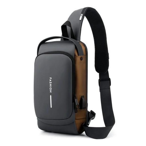 Men's Multi-functional Anti-Theft Sling Bag with Lockable Zipper & USB Charging Port - PU Leather Chest Pack for Motorcycling, Travel, Outdoor Activities - Grey, 16×6×32cm