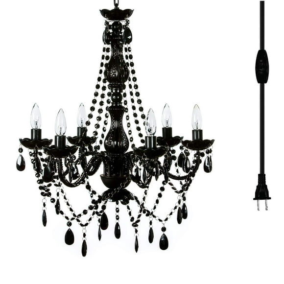 The Original Gypsy Color Plug-in 6 Light Black Hanging Swag Chandelier H26â€xW22â€, Black Metal Frame with Black Glass Stem and Black Acrylic Crystals & Beads That Look Just Like Glass