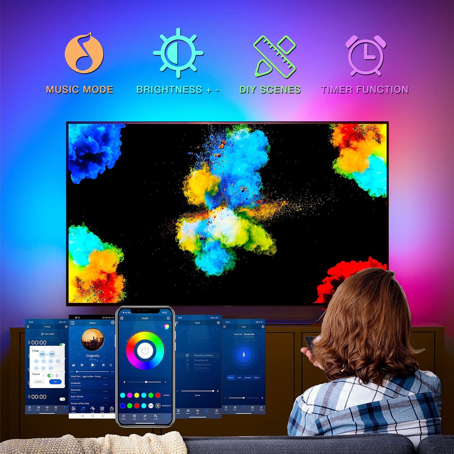 DAYBETTER Smart TV LED Backlights, 15ft USB LED Strip Lights for 65-75 Inch TV, RGB Bias Mood Lamp with Remote, Backlight Kit for Bedroom, HDTV, Gaming Room